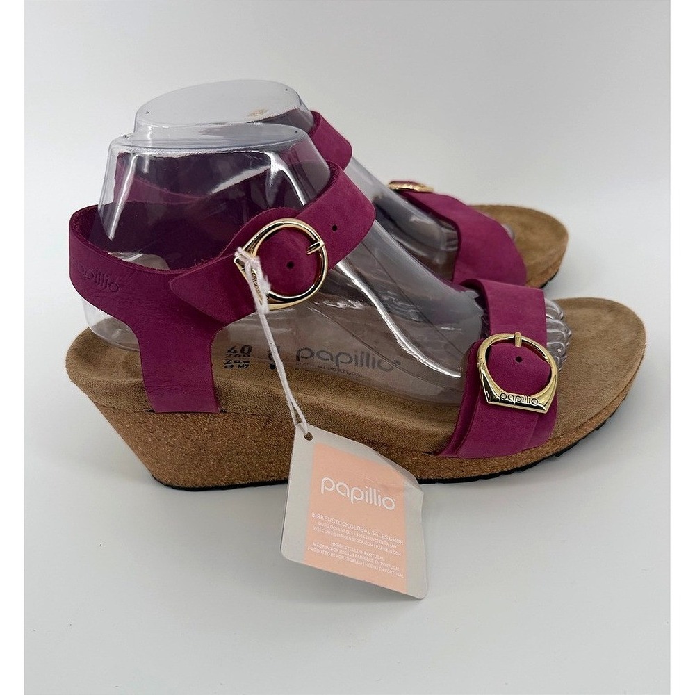 Papillio Birkenstock Namika Fuchsia Nubuck Leather Wedge Sandals Gold Buckle 40 - Picture 4 of 8